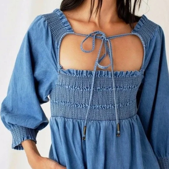 Free People Denim Smocked Mini Dress - Picture 2 of 10